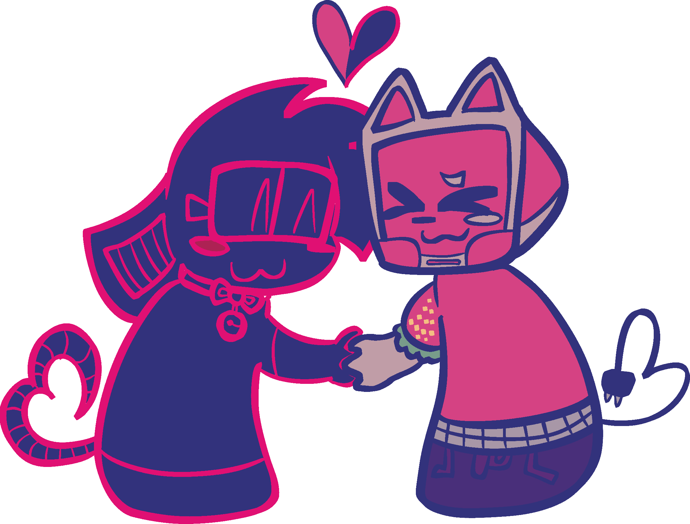 My fursona and my girlfriend's fursona nuzzling and holding hands, with a heart with both of our fursona's colors above them.